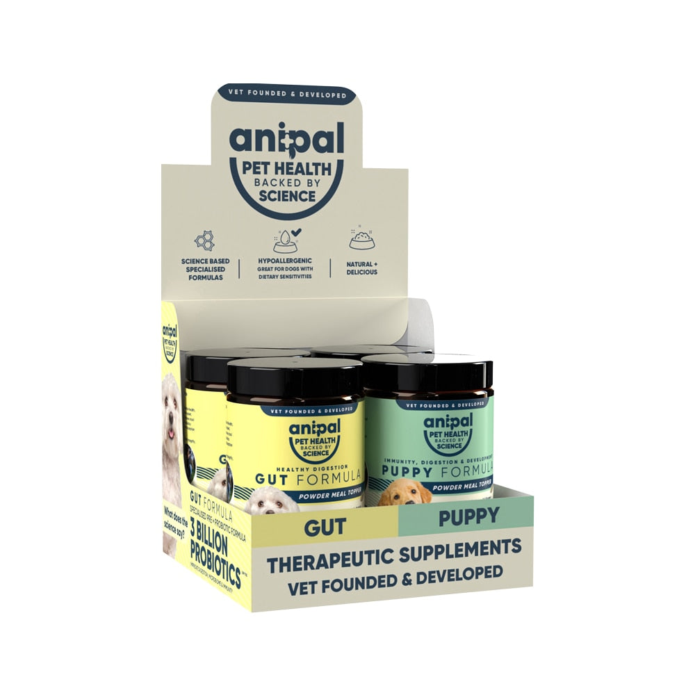 Anipal Counter Display Stand Gut Puppy (contains 2 x Gut Formula 135g, 2 x Puppy Formula 135g)