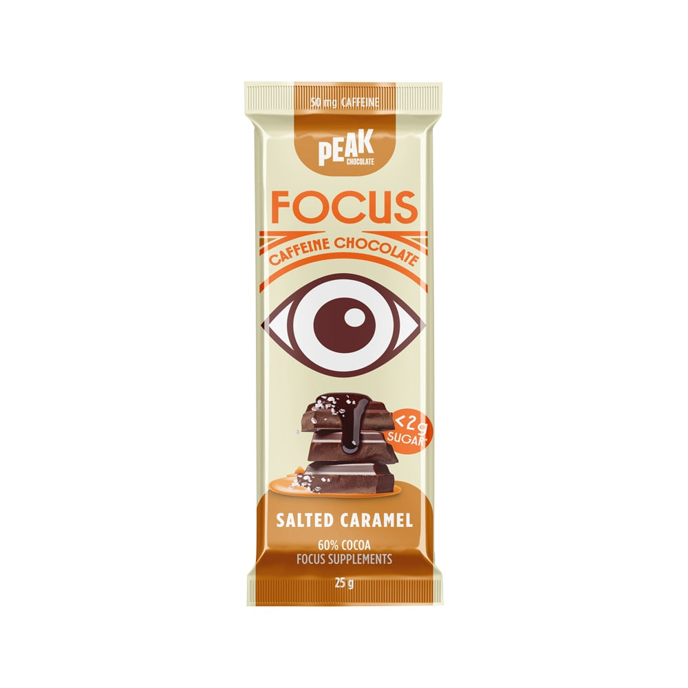 Peak Chocolate Caffeine Chocolate Bar Focus Salted Caramel 25g x 14 Display